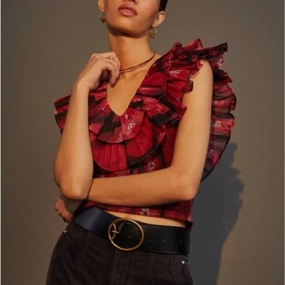 Anthropologie Tops - Anthropologie Ollari Organza Ruffled Floral Blouse Size Medium